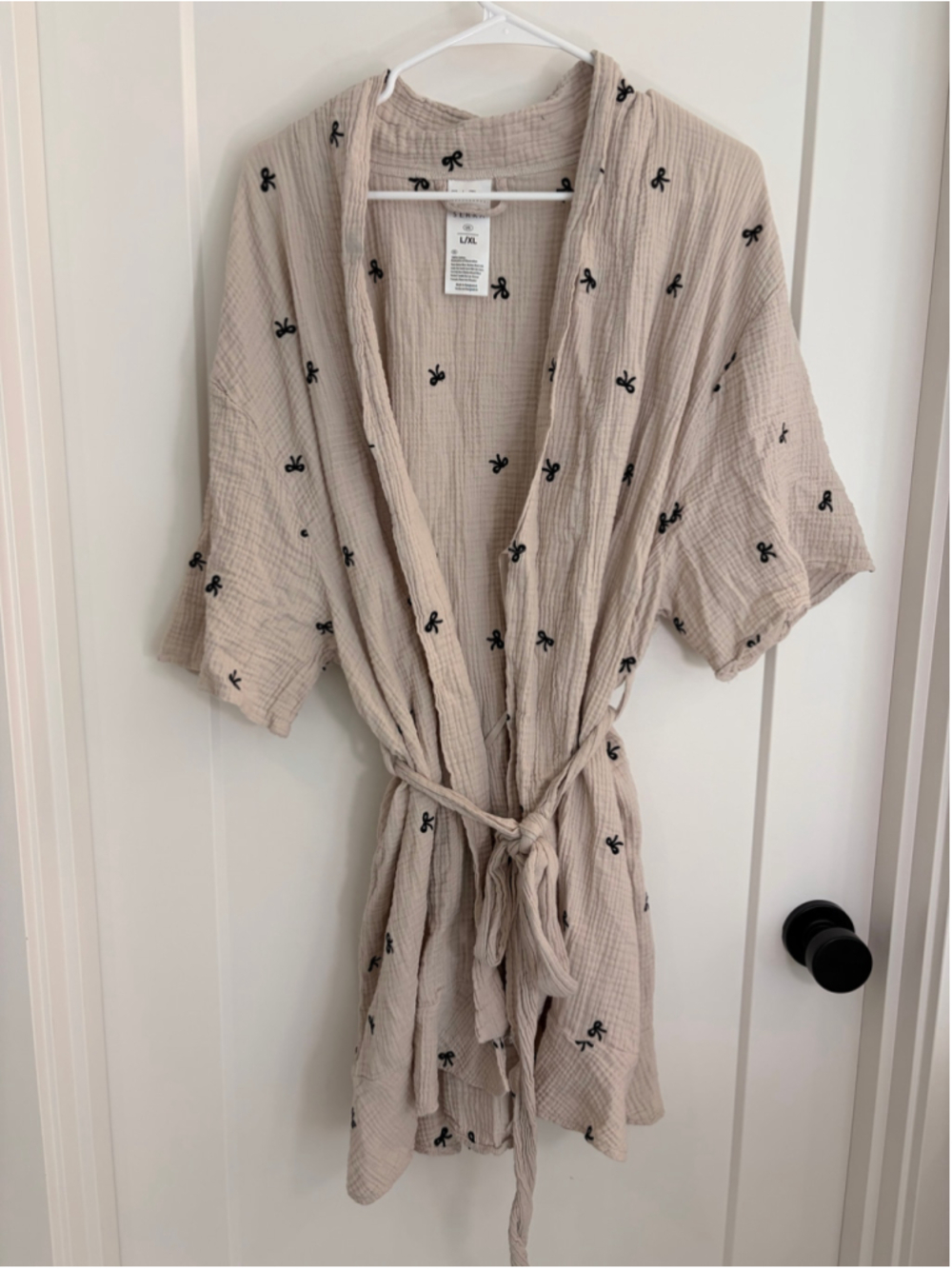 Serra Gauze Robe Beige with Black Bow Embroidery Size L/XL
